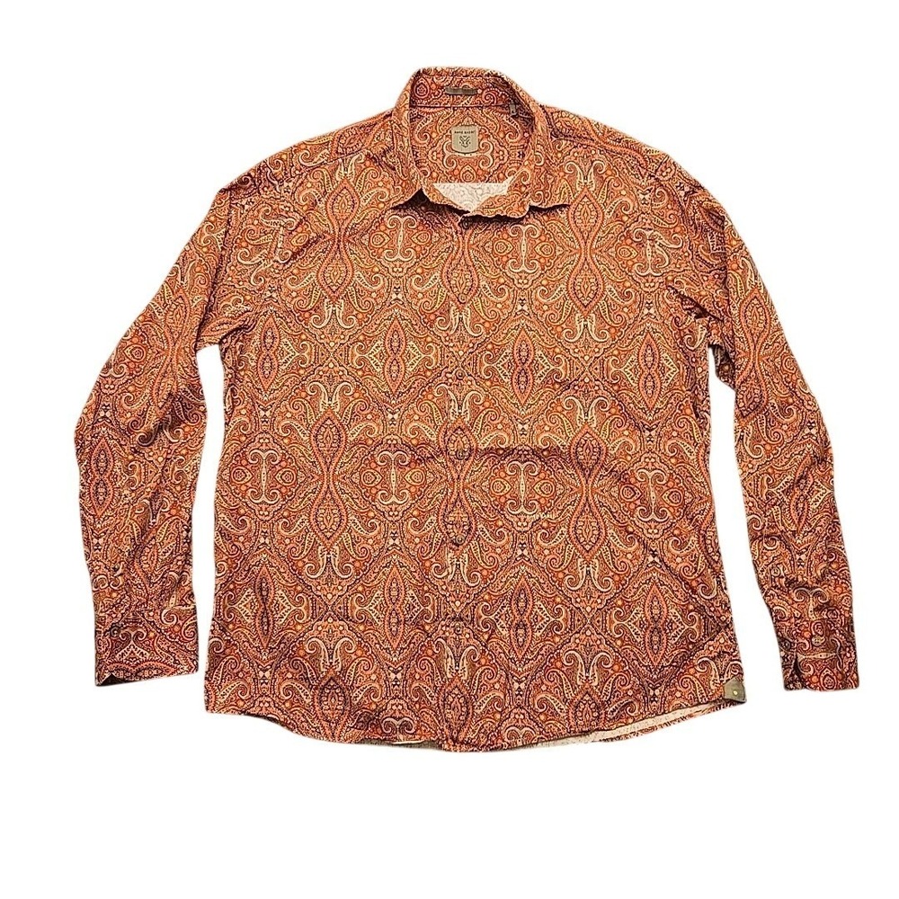 Rare Rabbit Mens Paisley Moire Button Down Shirt Red Orange Geometric Size XL